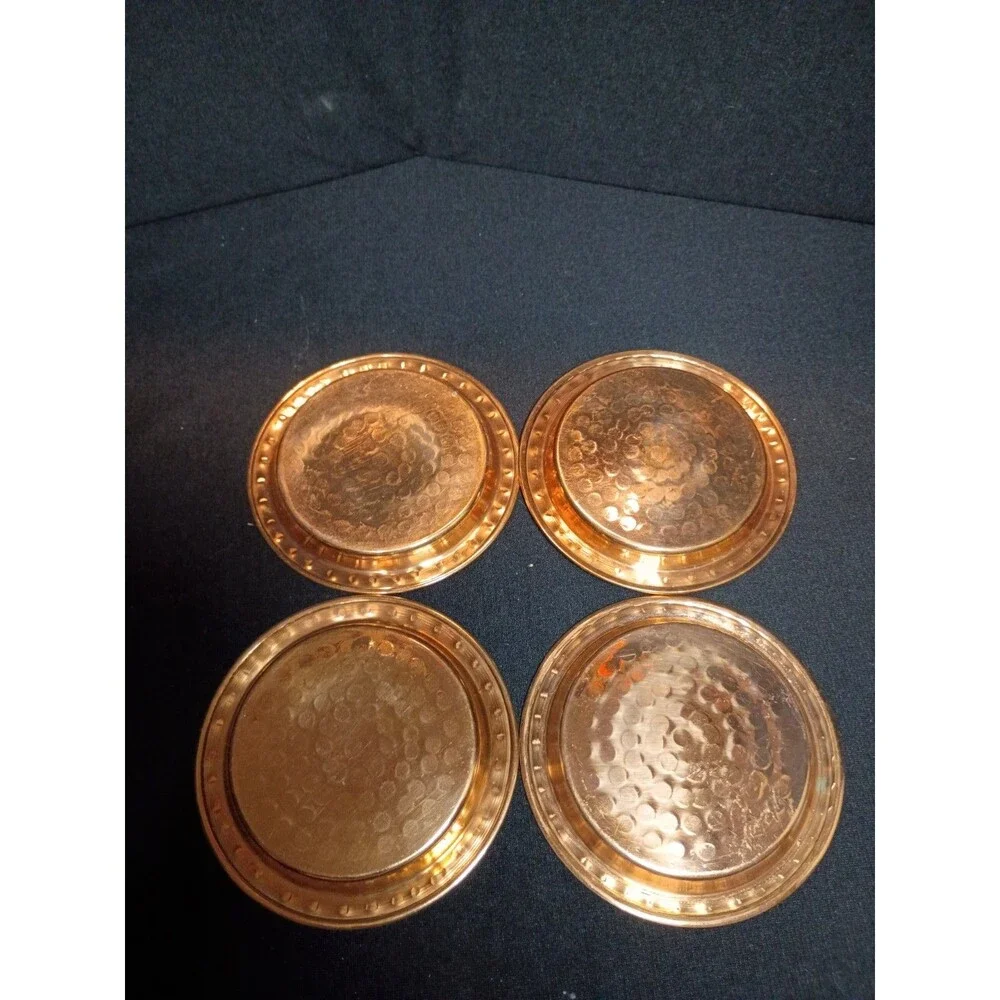 Set of 4 Hammered Copper Coasters Round Rustic Barware Cocktail Drink